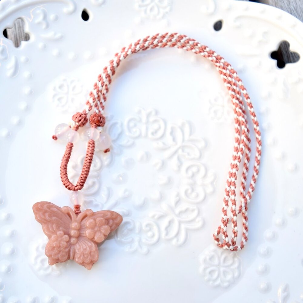 Flower Butterfly Pendant Rope Necklace - Pink Jade Pendant - Style 2